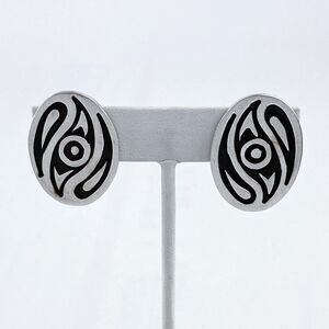 Vintage Mexico Sterling Silver 925 Swirl Oxidized Oval Clip On Earrings